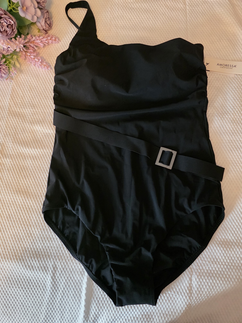 Amoressa Black One-Shoulder Belted One-Piece Swimsuit